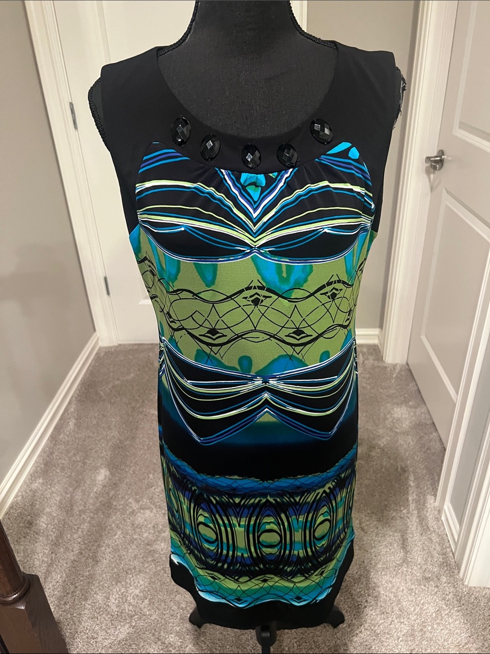 🎯 2/$5 Carole Little Black Midi Dress with Blue & Green Abstract Pattern